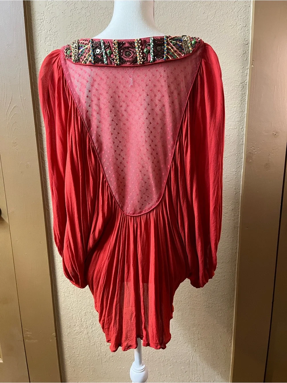 Free People Fortune Teller Tunic Top Red Beaded Embroidered Boho Caftan
